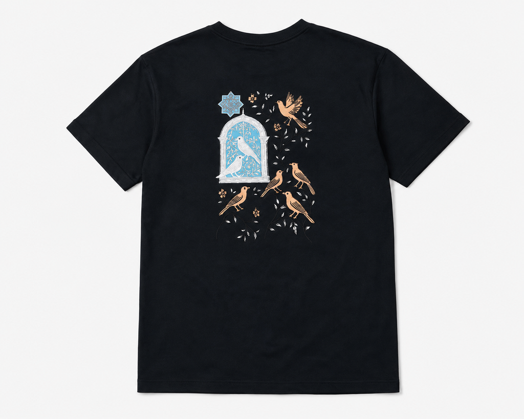 The Conference of Birds  —Embroidered Oversized Tee | Jet Black
